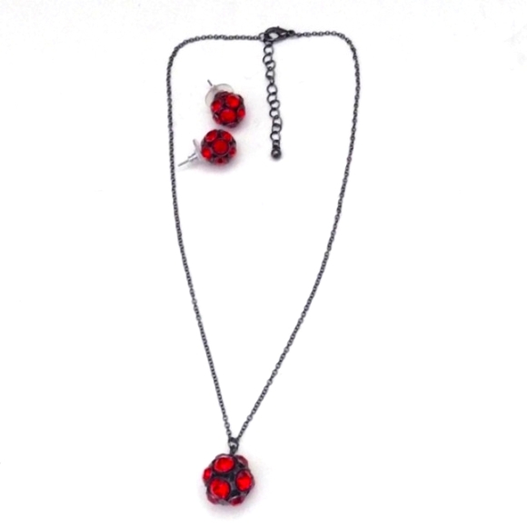 RED CRYSTAL DISCO BALL PENDANT NECKLACE & MATCHING POST EARRINGS SET - Picture 6 of 9